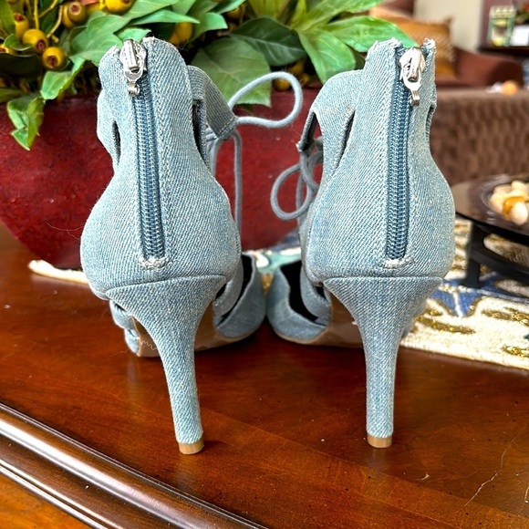 G By Guess Blue Denim Jean Lace Up Heels Y2K Strappy Back Zipper Closure - Picture 6 of 14